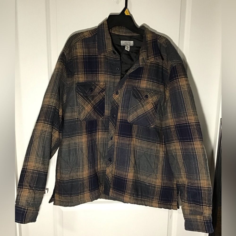 Ocean + Coast Men's Plaid Shirt Jacket - Navy and Tan Size XL